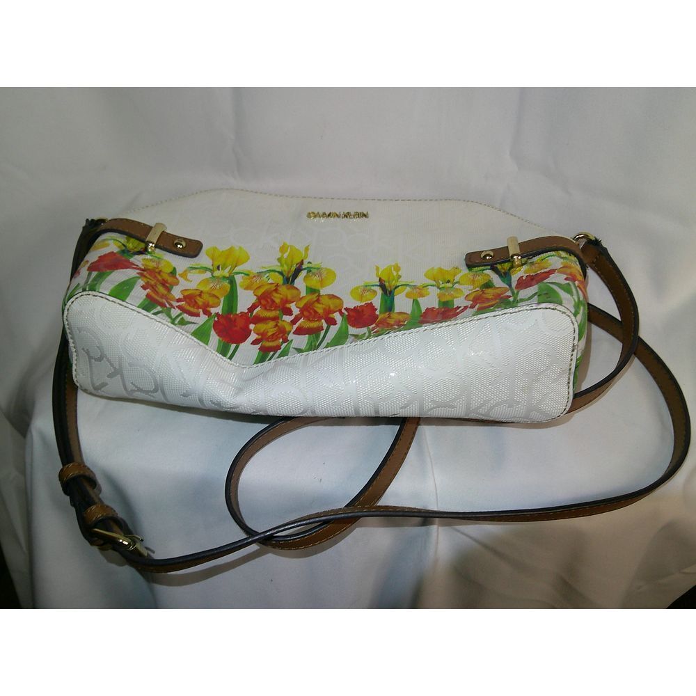 Calvin Klein Floral Print Crossbody Bag White Leather with Spring Tulip Design